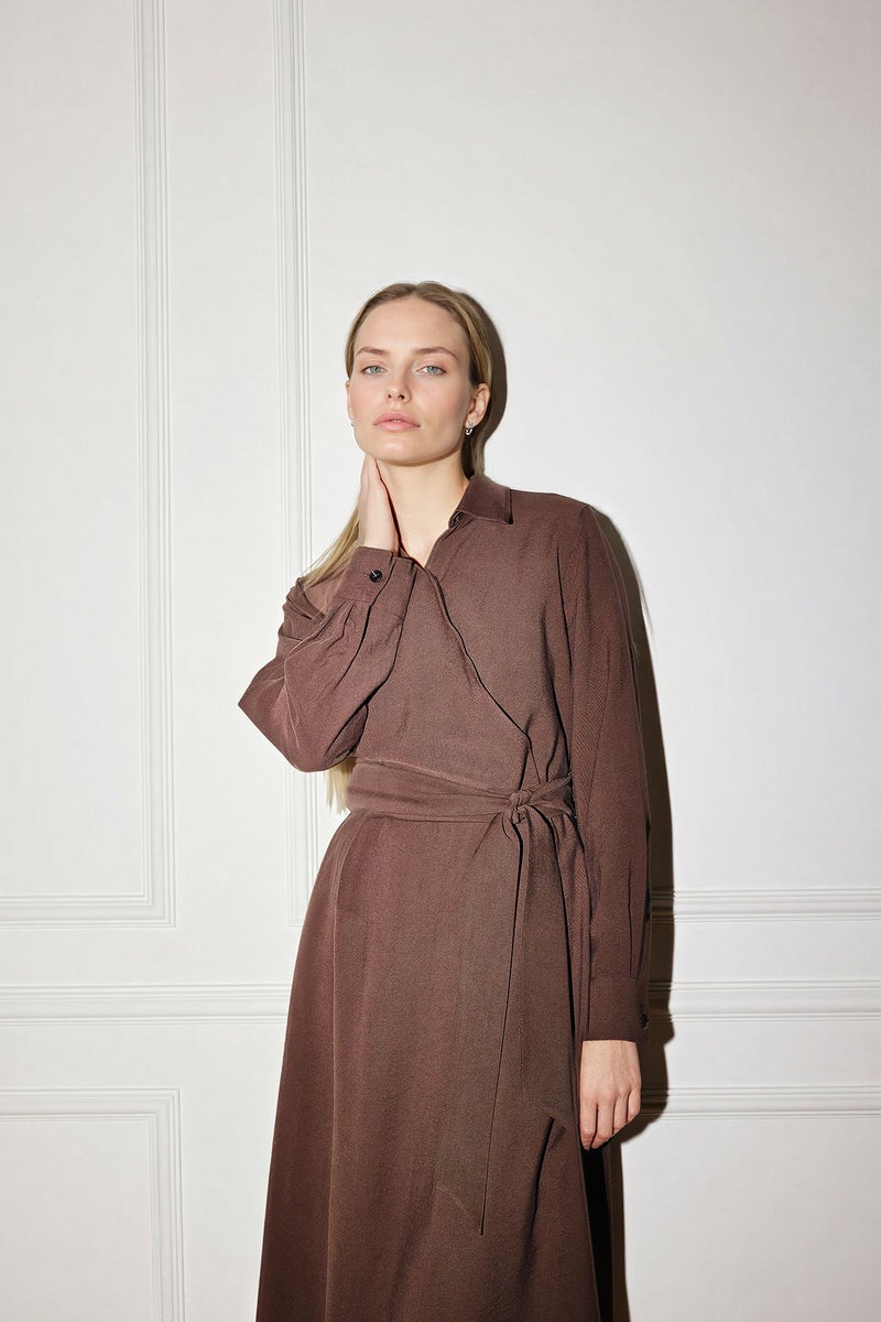 DeFacto Brown Woman Relax Fit Shirt Collar Long Sleeves Dress Casual - Image 2